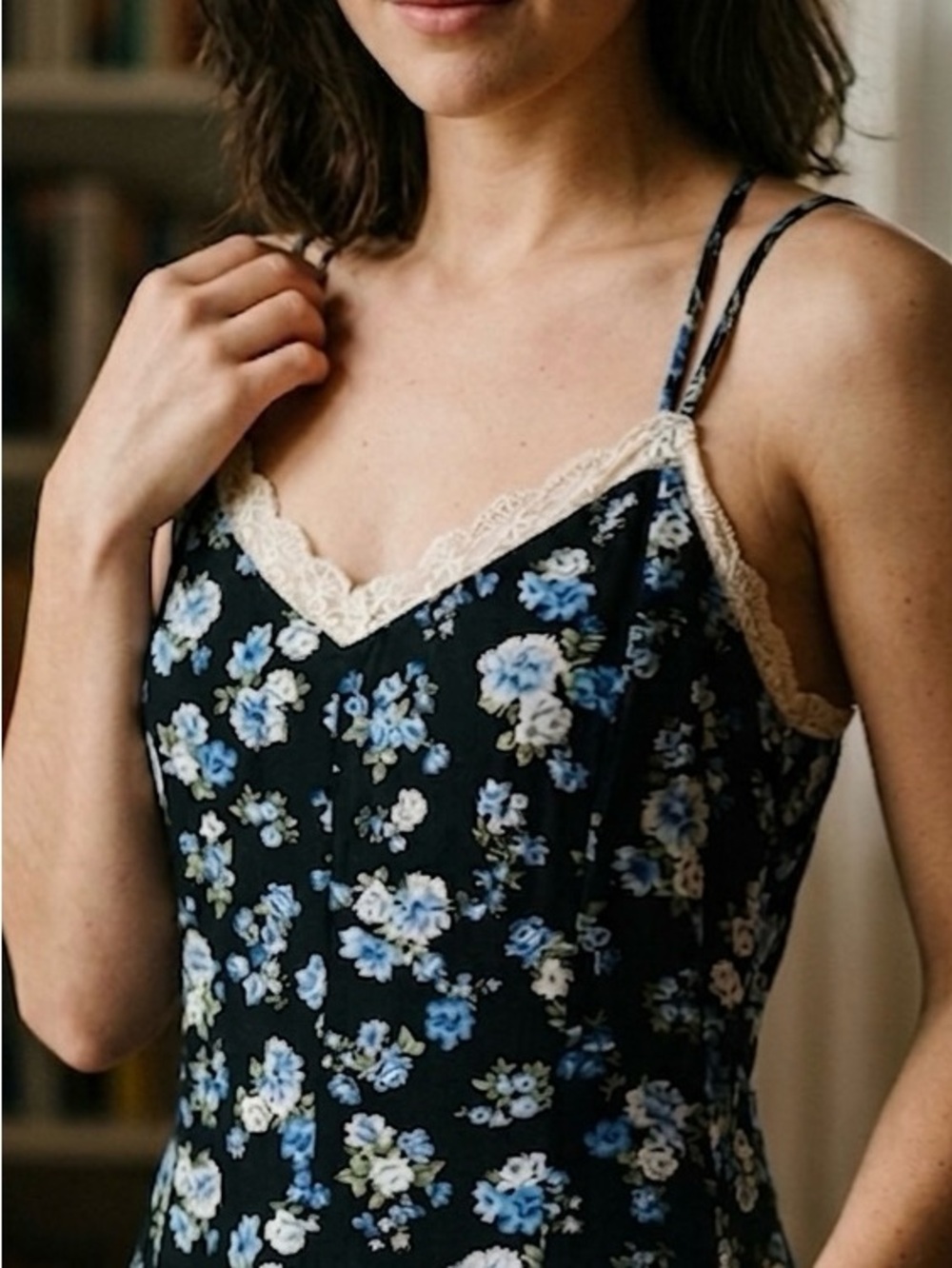 Blue Floral Romper with Blue Flowers and Lace Trim